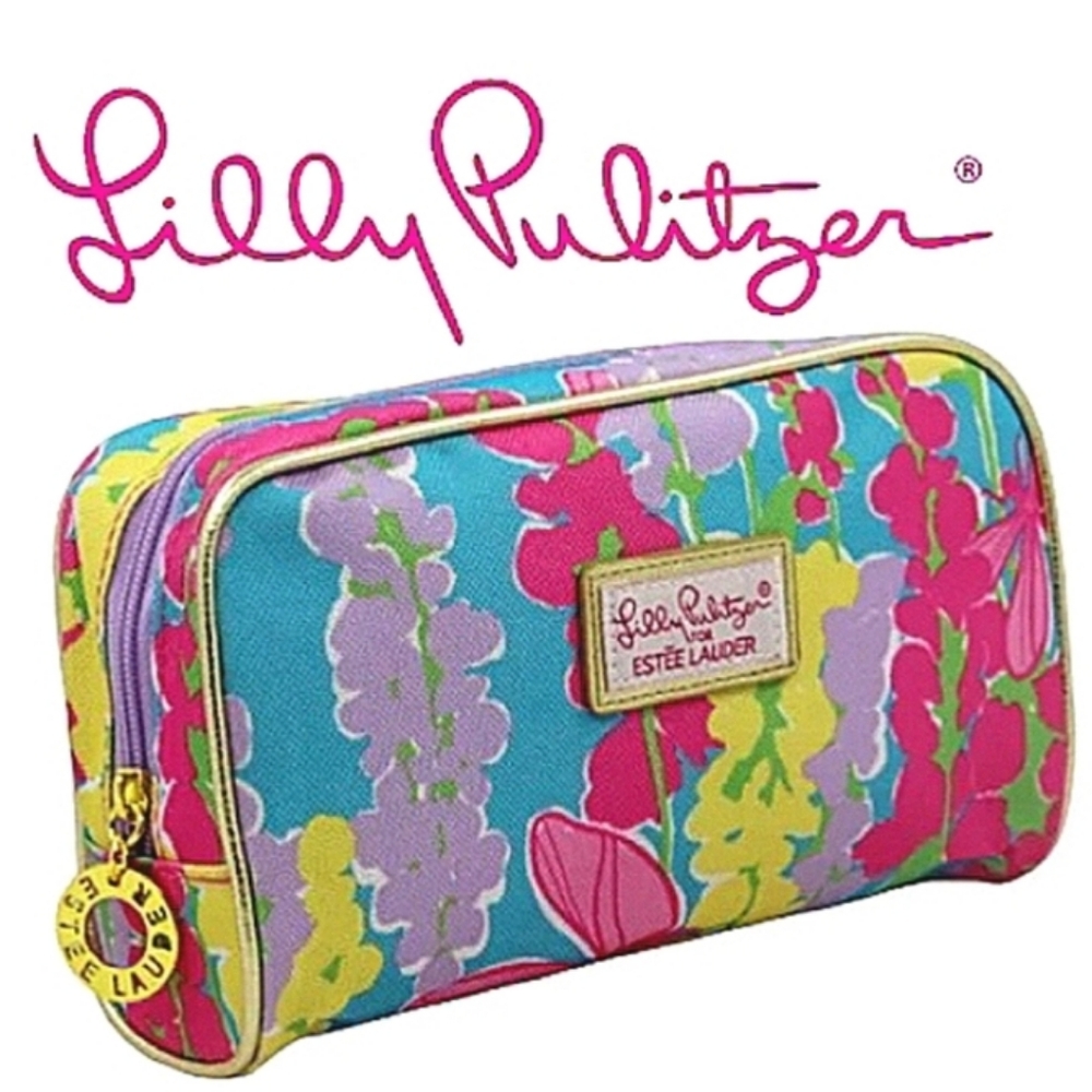 LILLY PULITZER Floral Makeup Cosmetics Pouch Clutch Bag Metallic Trim EUC